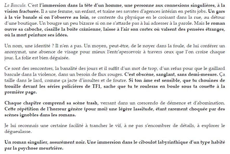 Critique du blog littéraire Hubris Libris de La Bascule, Deux jours dans la tête d'un tueur, de Frédéric Bach
